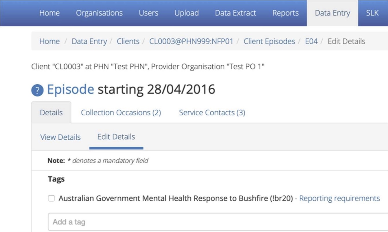 A screenshot of the PMHC MDS Data Entry interface showing the Edit Details tab with the 'Australian Government Mental Health Response to Bushfire (!br20)' checkbox unticked