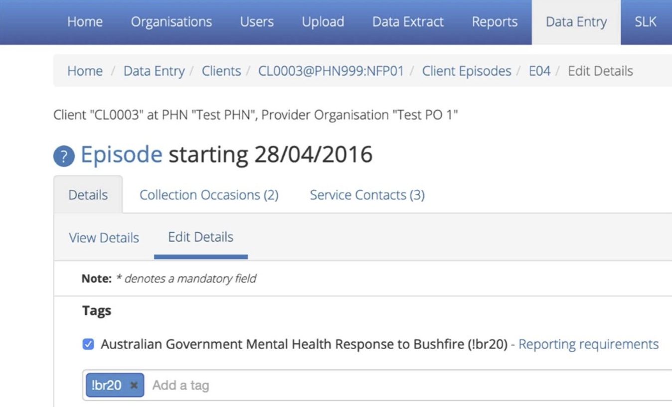 A screenshot of the PMHC MDS Data Entry interface showing the Edit Details tab with the 'Australian Government HeadtoHelp hubs (!covid19)' checkbox ticked