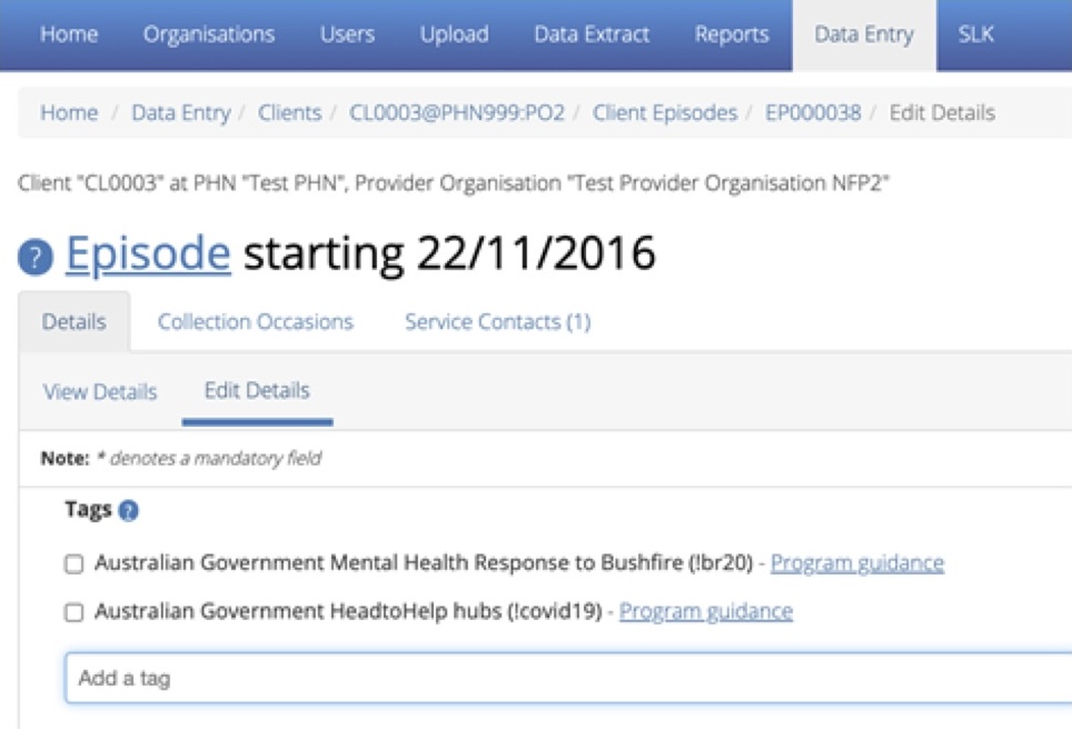 A screenshot of the PMHC MDS Data Entry interface showing the Edit Details tab with the 'Australian Government HeadtoHelp hubs (!covid19)' checkbox unticked