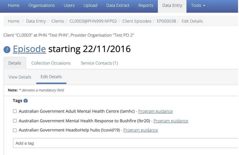 A screenshot of the PMHC MDS Data Entry interface showing the Edit Details tab with the 'Australian Government Mental Health Centre (!amhc)' checkbox unticked