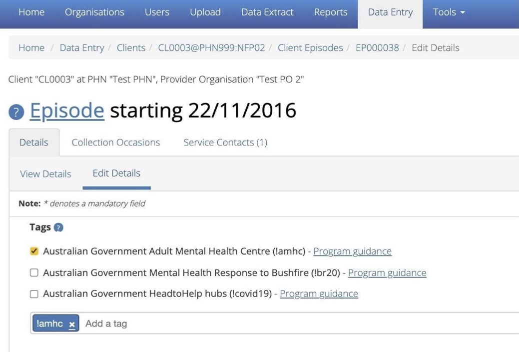 A screenshot of the PMHC MDS Data Entry interface showing the Edit Details tab with the 'Australian Government Mental Health Centre (!amhc)' checkbox ticked